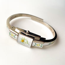 Load image into Gallery viewer, Vintage 1999 André Mouche Quartz Watch with Enamel Floral Design, Concealed Dial and Stainless Steel Bangle Bracelet
