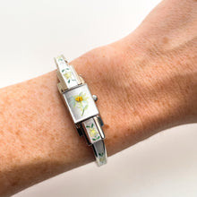 Load image into Gallery viewer, Vintage 1999 André Mouche Quartz Watch with Enamel Floral Design, Concealed Dial and Stainless Steel Bangle Bracelet
