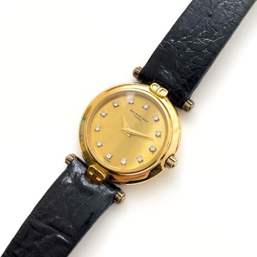 Vintage 1990s Gold-Plated Ladies' Balenciaga Quartz Watch with Diamond-Set Dial and Leather Strap