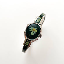 Load image into Gallery viewer, Vintage André Mouche Quartz Watch with Green Enamel Floral Design, Concealead Dial and Silver-Tone Bangle Bracelet
