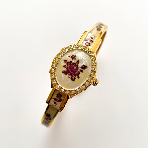 Vintage André Mouche Quartz Watch with Enamel Floral Design, Concealed Dial and Gold-Plated Bangle Bracelet