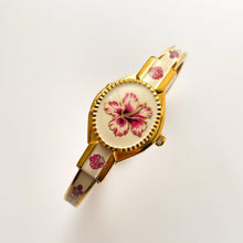 Load image into Gallery viewer, Vintage André Mouche Quartz Watch with Pink Enamel Floral Design, Concealead Dial and Gold-Plated Bangle Bracelet
