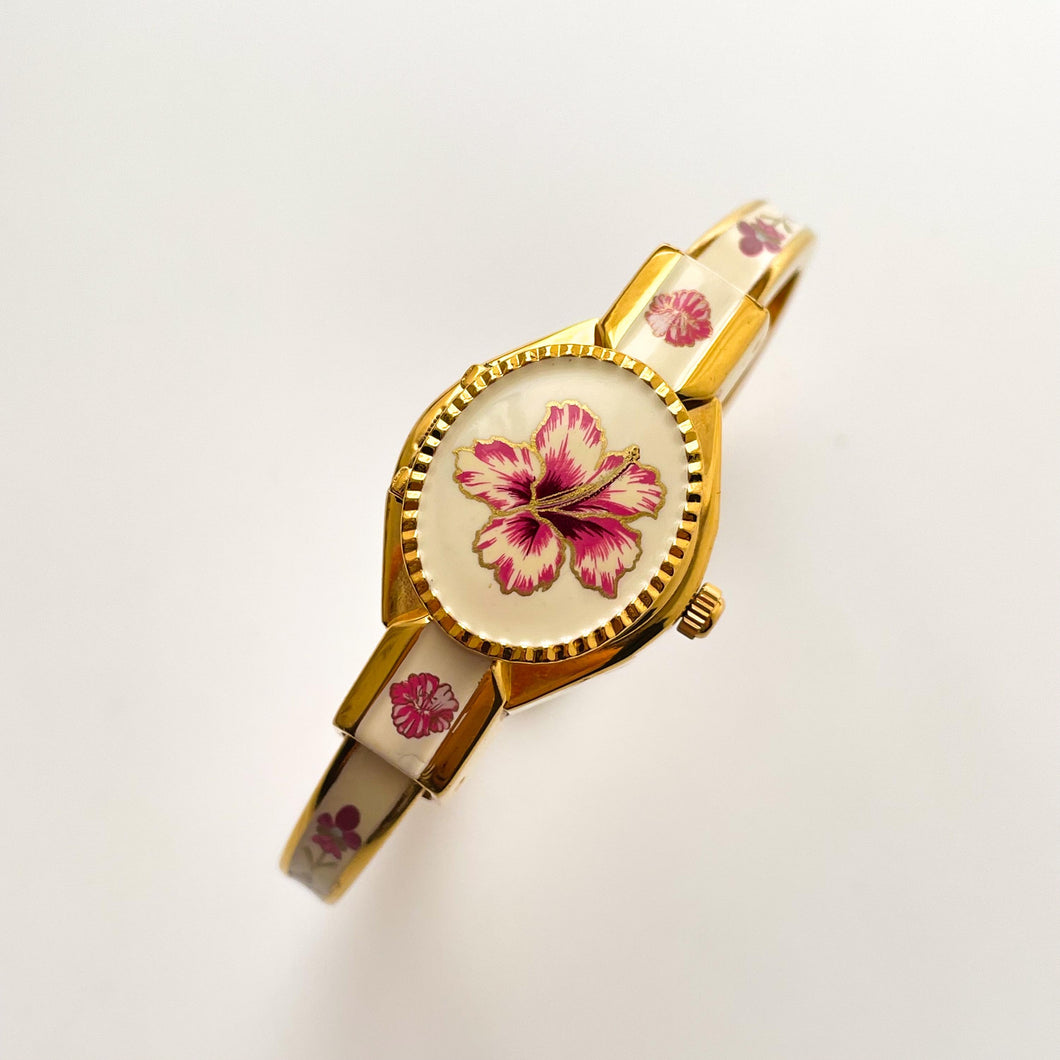 Vintage André Mouche Quartz Watch with Pink Enamel Floral Design, Concealed Dial and Gold-Plated Bangle Bracelet