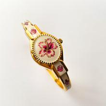 Load image into Gallery viewer, Vintage André Mouche Quartz Watch with Pink Enamel Floral Design, Concealead Dial and Gold-Plated Bangle Bracelet
