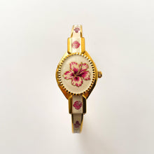 Load image into Gallery viewer, Vintage André Mouche Quartz Watch with Pink Enamel Floral Design, Concealead Dial and Gold-Plated Bangle Bracelet
