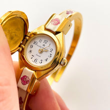 Load image into Gallery viewer, Vintage André Mouche Quartz Watch with Pink Enamel Floral Design, Concealead Dial and Gold-Plated Bangle Bracelet
