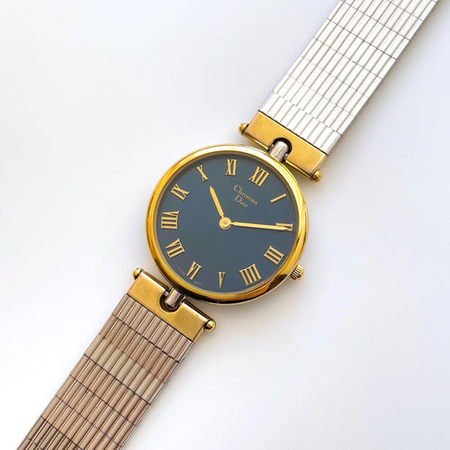 Vintage Two-Tone Christian Dior Unisex Quartz Watch with Round Metallic Blue Dial