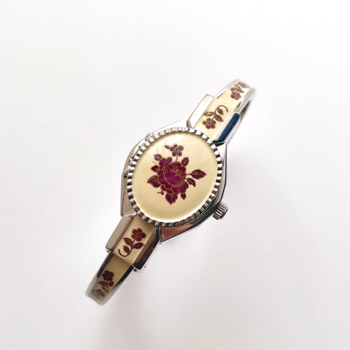 Vintage André Mouche Quartz Watch with Burgundy Enamel Floral Design, Concealed Dial and Silver-Tone Bangle Bracelet