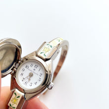 Load image into Gallery viewer, Vintage André Mouche Quartz Watch with Enamel Floral Design, Concealed Dial and Silver-Tone Bangle Bracelet
