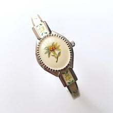 Load image into Gallery viewer, Vintage André Mouche Quartz Watch with Enamel Floral Design, Concealed Dial and Silver-Tone Bangle Bracelet
