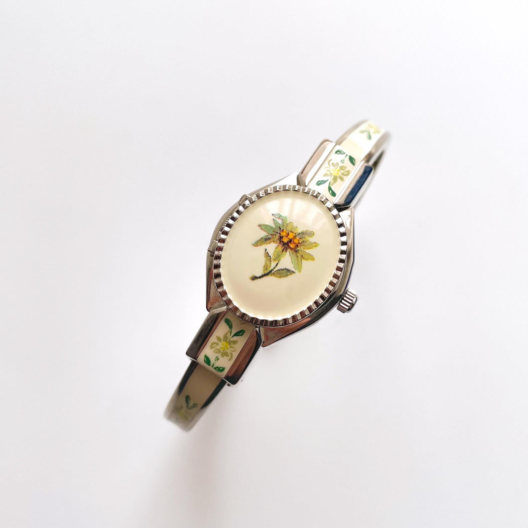 Vintage André Mouche Quartz Watch with Enamel Floral Design, Concealed Dial and Silver-Tone Bangle Bracelet