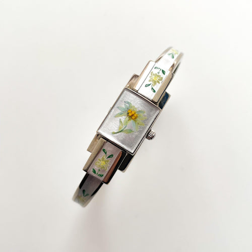 Vintage 1999 André Mouche Quartz Watch with Enamel Floral Design, Concealed Dial and Stainless Steel Bangle Bracelet