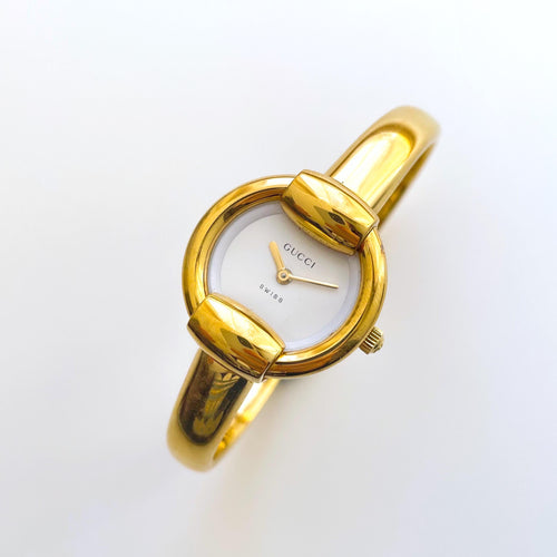 90s Gold-Plated Gucci 1400L Bangle Quartz Watch with Horsebit Design