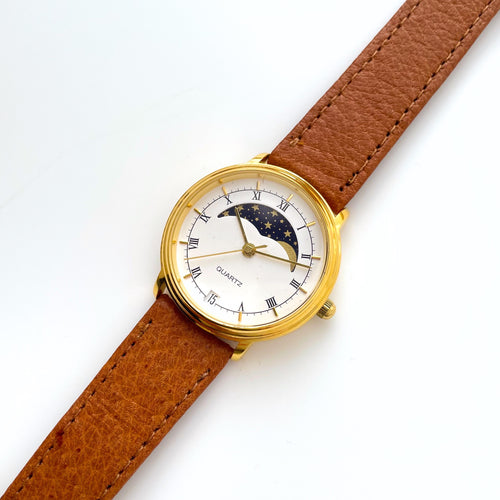 Vintage Unisex Gold-Tone Berkeley Moon Phase Quartz Watch With Brown Leather Strap