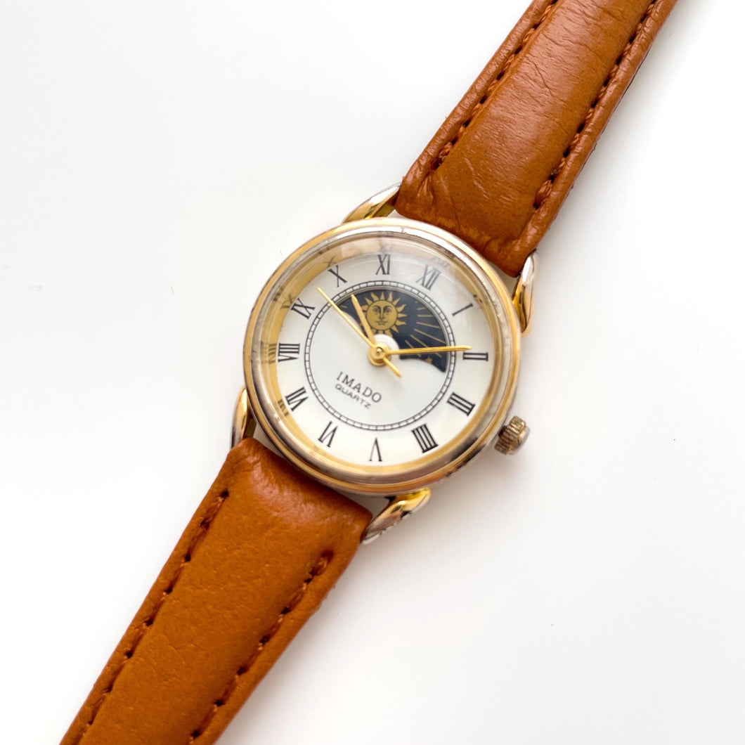 Vintage 90s Ladies' Imado Sun & Moon Phase Quartz Watch with Brown Leather Strap