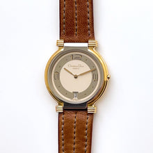 Load image into Gallery viewer, Vintage Christian Dior Gold-Plated Unisex Quartz Watch with Brown Leather Strap
