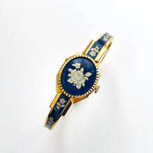 Load image into Gallery viewer, Vintage André Mouche Quartz Watch with Navy Enamel Floral Design, Concealead Dial and Gold-Plated Bangle Bracelet
