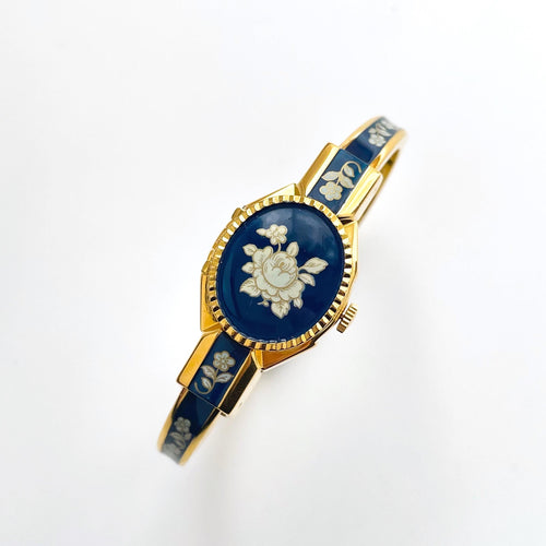 Vintage André Mouche Quartz Watch with Navy Enamel Floral Design, Concealead Dial and Gold-Plated Bangle Bracelet