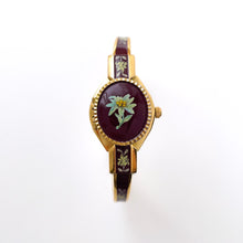 Load image into Gallery viewer, Vintage André Mouche Quartz Watch with Burgundy Enamel Floral Design, Concealead Dial and Gold-Plated Bangle Bracelet
