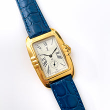 Load image into Gallery viewer, Vintage 90s Gold-Plated Yves Saint Laurent Unisex Tank-Style Quartz Watch with Blue Leather Strap
