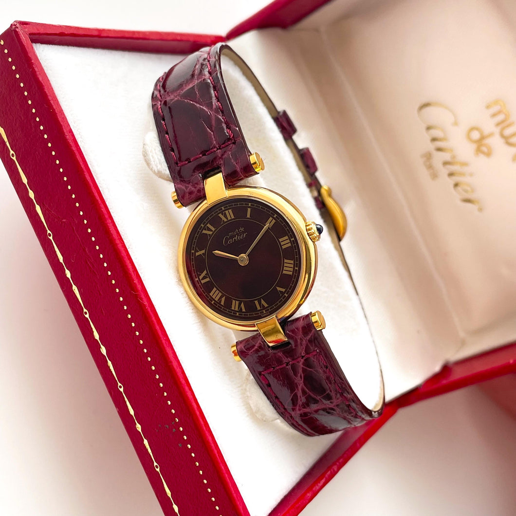 Cartier Must Vendome Vermeil - Gold-Plated Silver 925 with Brown/Burgundy Dial - With box and Papers