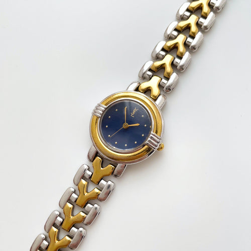 Vintage 1990s Yves Saint Laurent Ladies' Quartz Watch with Two-Tone Bracelet and Blue Dial