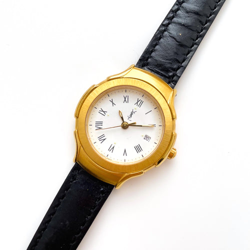 Vintage Yves Saint Laurent Gold-Plated Ladies' Quartz Watch with Black Leather Strap