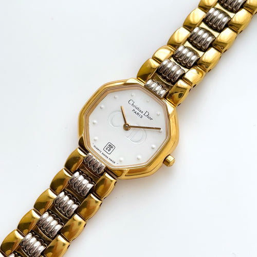 Vintage Two-Tone Christian Dior Ladies' Quartz Watch with White Octagon Dial