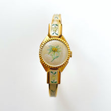 Load image into Gallery viewer, Vintage 1999 André Mouche Quartz Watch with Enamel Floral Design, Concealed Dial and Gold-Plated Bangle Bracelet
