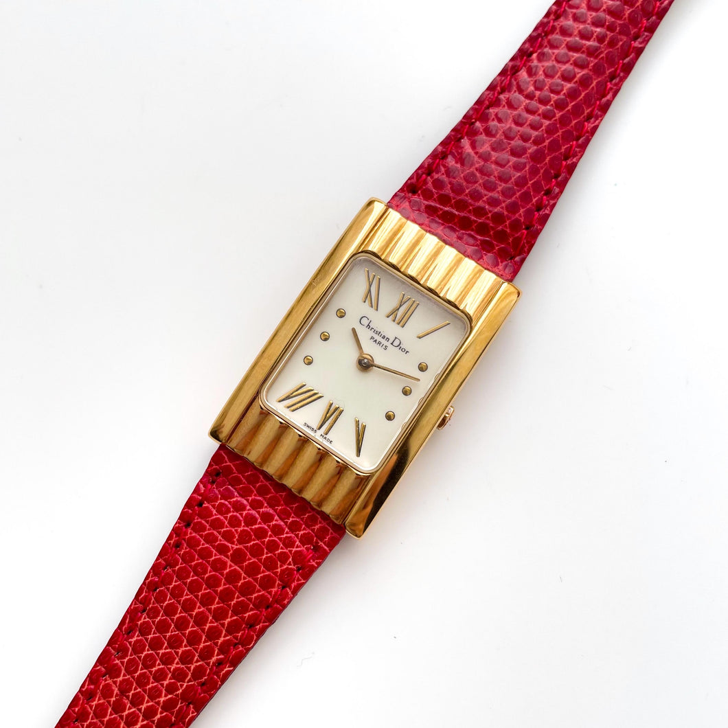 Vintage Christian Dior Gold-Plated Ladies' Quartz Watch with Red Leather Strap and Rectangular Tank Dial - Boxed