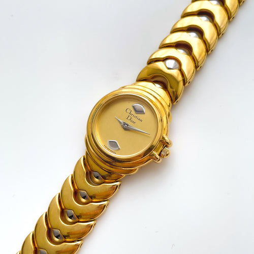 Vintage Gold-Plated Christian Dior Ladies' Quartz Watch with Silver Accents