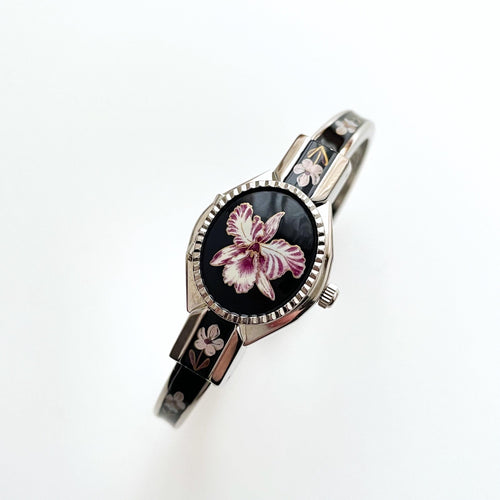 Vintage André Mouche Quartz Watch with Black & Purple Enamel Floral Design, Concealed Dial and Silver-Tone Bangle Bracelet