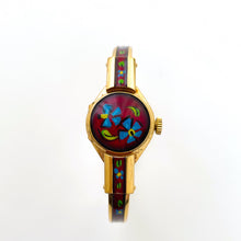 Load image into Gallery viewer, Vintage Chandler Peek-a-Boo Quartz Watch with Metallic Red Enamel Floral Design, Concealed Dial and Gold-Plated Bangle Bracelet
