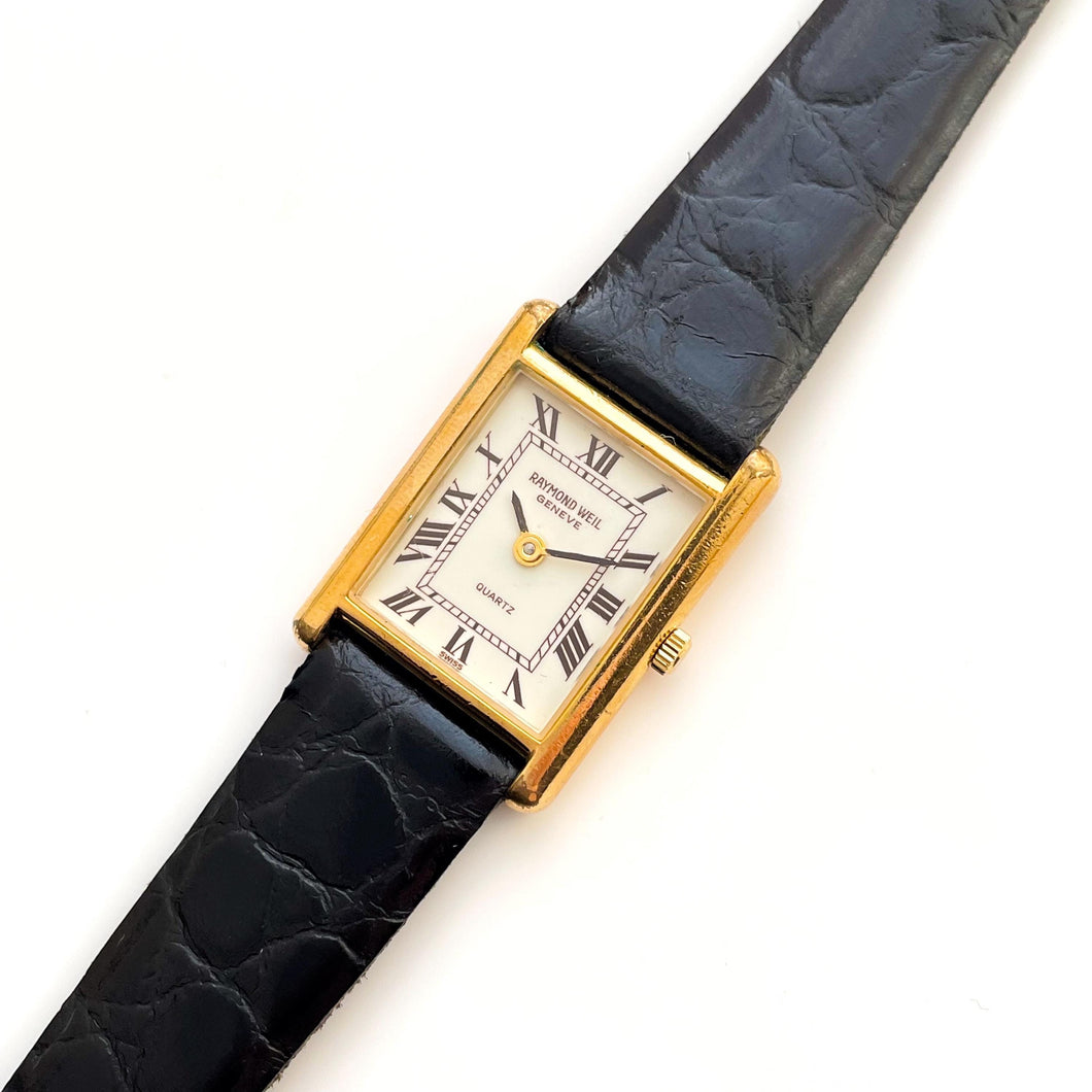 Vintage Tank-Style Gold-Plated Raymond Weil Quartz Watch with Black Leather Strap