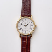 Load image into Gallery viewer, Vintage Ladies&#39; Gold-Plated Longines Presence Quartz Watch with Brown Leather Strap
