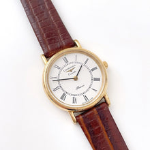 Load image into Gallery viewer, Vintage Ladies&#39; Gold-Plated Longines Presence Quartz Watch with Brown Leather Strap
