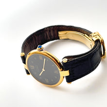 Load image into Gallery viewer, Cartier Must Vendome Vermeil - Gold-Plated Silver 925 with Black Dial and Leather Strap
