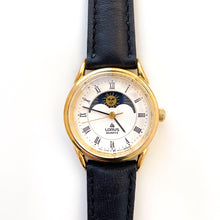 Load image into Gallery viewer, Vintage Ladies&#39; Gold-Plated Lorus Sun &amp; Moon Quartz Watch with Black Leather Strap
