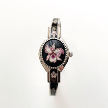 Load image into Gallery viewer, Vintage André Mouche Quartz Watch with Black &amp; Purple Enamel Floral Design, Concealed Dial and Silver-Tone Bangle Bracelet
