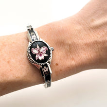 Load image into Gallery viewer, Vintage André Mouche Quartz Watch with Black &amp; Purple Enamel Floral Design, Concealed Dial and Silver-Tone Bangle Bracelet
