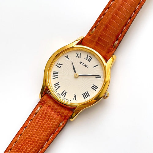 Vintage Gold-Plated Ladies' Seiko Quartz Watch with Brown Leather Strap