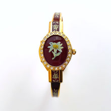 Load image into Gallery viewer, Vintage André Mouche Quartz Watch with Burgundy Enamel Floral Design, Concealead Dial and Gold-Plated Bangle Bracelet
