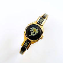 Load image into Gallery viewer, Vintage André Mouche Quartz Watch with Black and Green Enamel Floral Design, Concealed Dial and Gold-Plated Bangle Bracelet
