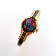 Load image into Gallery viewer, Vintage Chandler Peek-a-Boo Quartz Watch with Metallic Red Enamel Floral Design, Concealed Dial and Gold-Plated Bangle Bracelet
