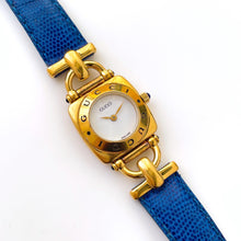 Load image into Gallery viewer, 1990s Gucci 6300L Quartz Watch with White Dial and Blue Leather Strap - Boxed
