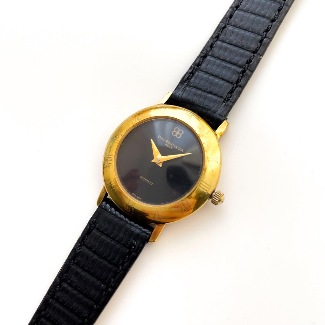 Vintage Gold-Plated Ladies' Balenciaga Quartz Watch with Black Round Dial and Leather Strap