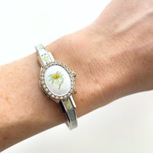 Load image into Gallery viewer, Vintage André Mouche Quartz Watch with Enamel Floral Design, Concealed Dial and Silver-Tone Bangle Bracelet
