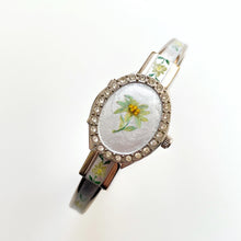 Load image into Gallery viewer, Vintage André Mouche Quartz Watch with Enamel Floral Design, Concealed Dial and Silver-Tone Bangle Bracelet
