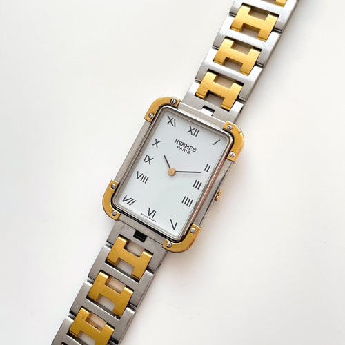 Vintage Two-Tone Hermès Rectangle Croisiere Unisex Quartz Watch with White Dial