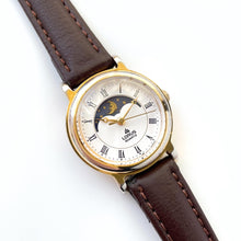 Load image into Gallery viewer, Vintage Ladies&#39; Gold-Plated Lorus Sun &amp; Moon Quartz Watch with Brown Leather Strap
